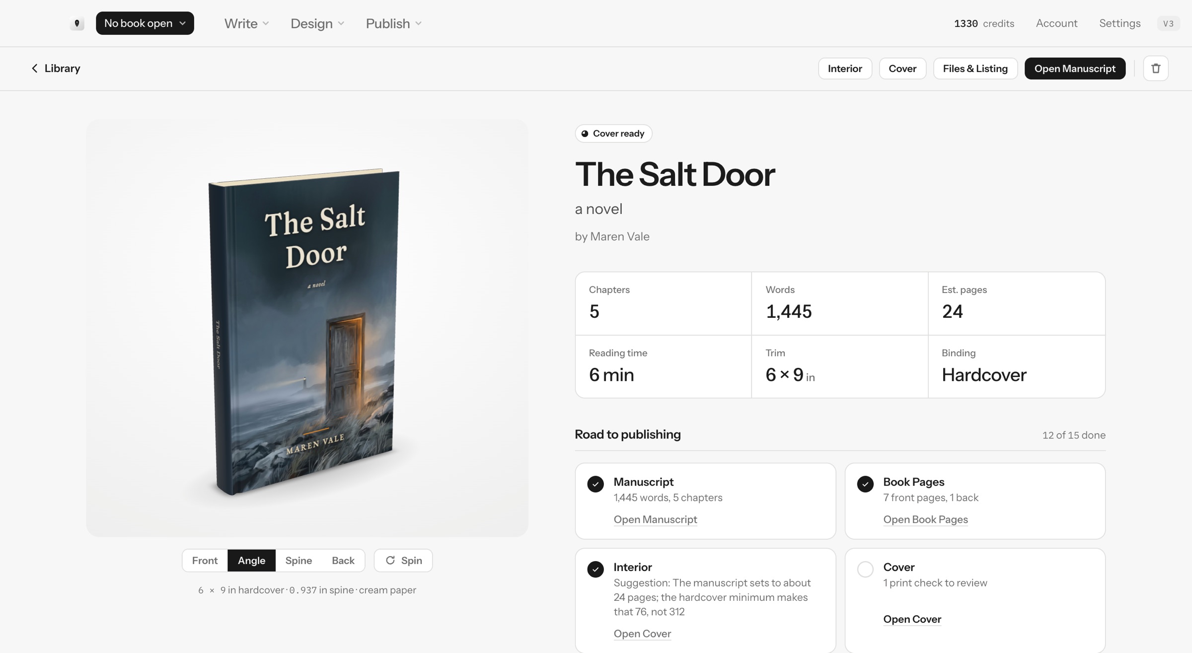 The book page for The Salt Door: a 3D hardcover you can turn, the book's chapters, words, estimated pages, reading time, trim and binding, and the road to publishing checklist.