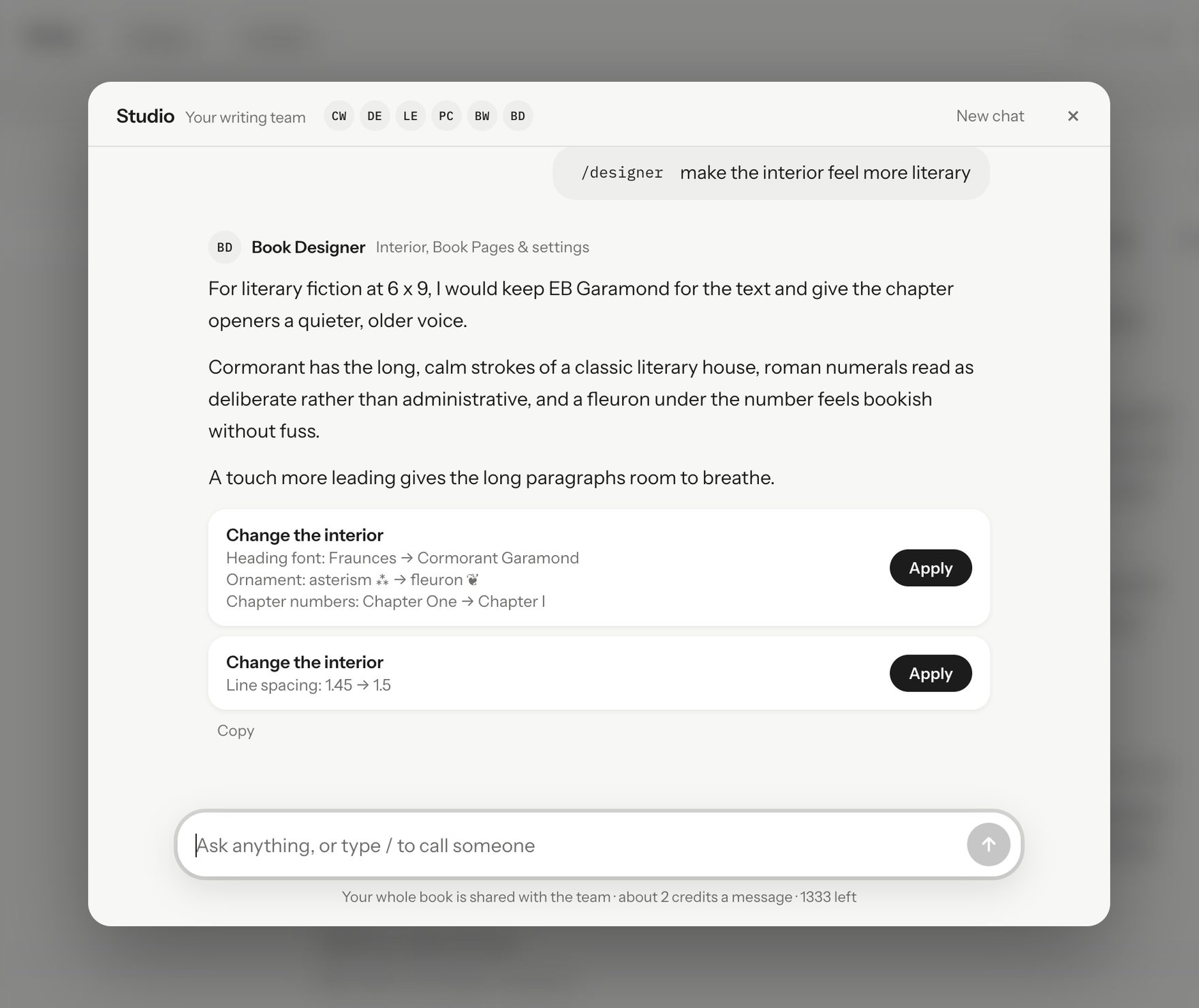 The Ask the staff chat over a blurred manuscript. The Book Designer explains its thinking, then offers two change cards, a new heading font with roman chapter numbers and a little more line spacing, each with an Apply button.