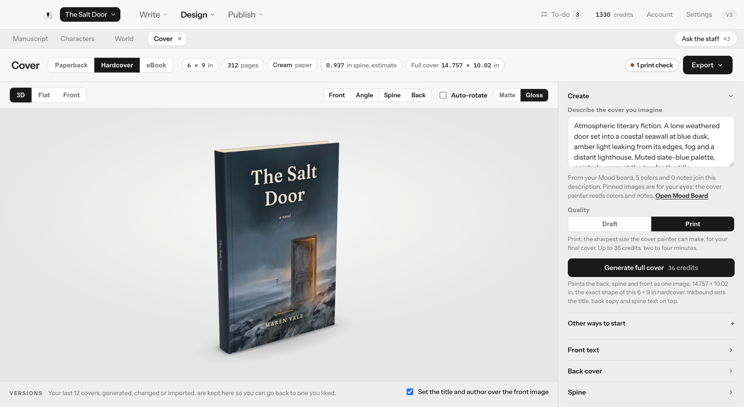 Inkbound's Cover lab showing the novel The Salt Door as a 3D hardcover book, with its print specs along the top: 6 by 9 inches, 312 pages, cream paper, an estimated 0.937 inch spine and a full cover of 14.757 by 10.02 inches.