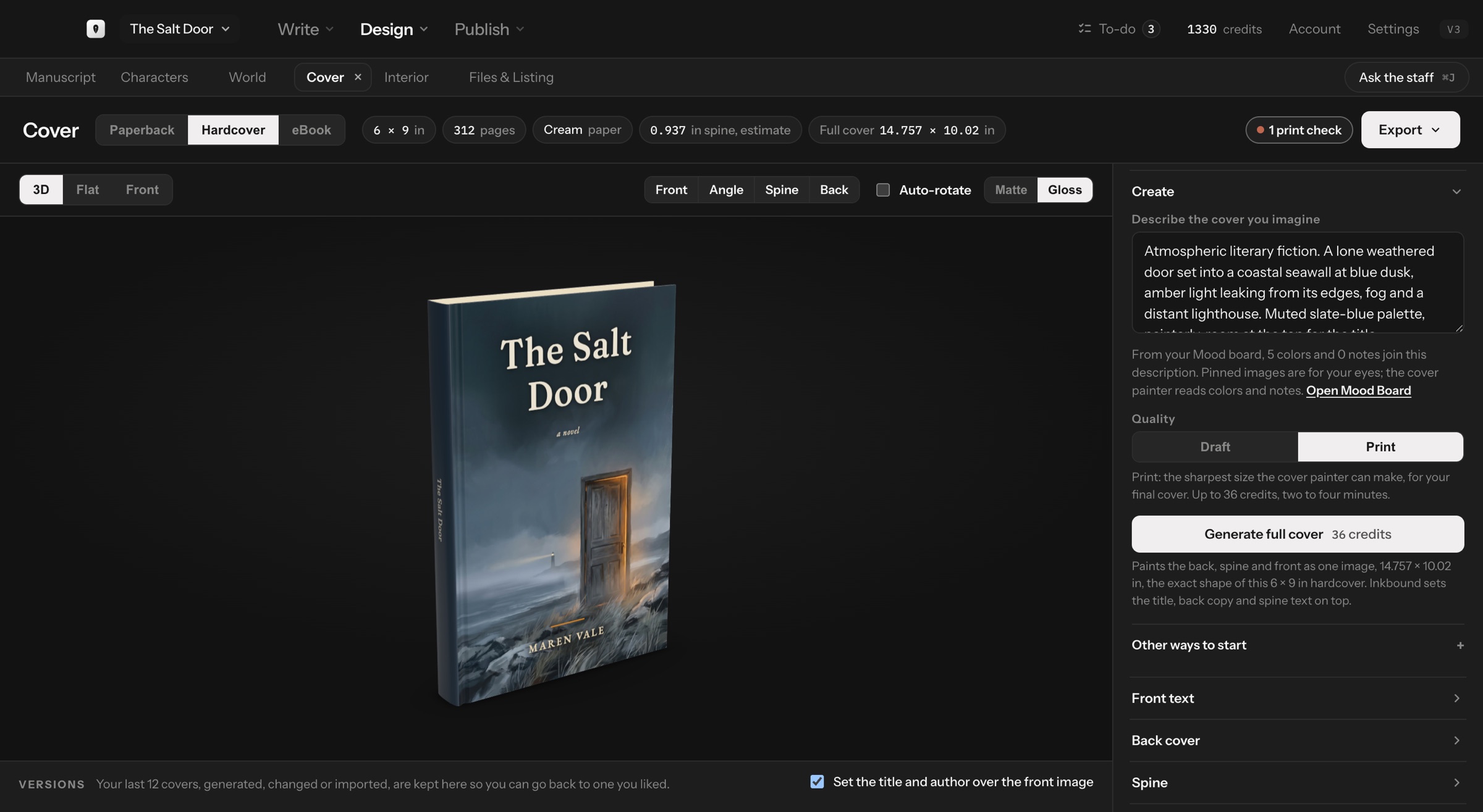 Cover lab in dark mode: The Salt Door as a 3D hardcover with a gloss finish, turned to show its spine, with Front, Angle, Spine and Back views, a Matte or Gloss switch and the Create panel beside it.