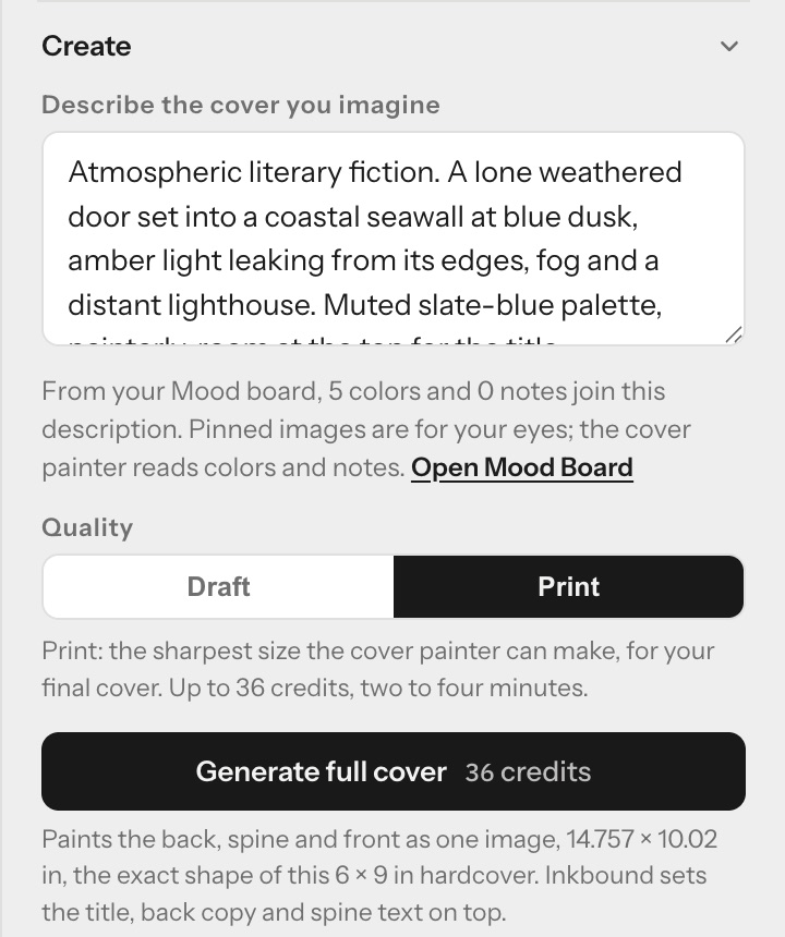 The Create panel: a written cover brief, a choice of Draft or Print quality, and a Generate full cover button that shows its cost of 36 credits before you press it.
