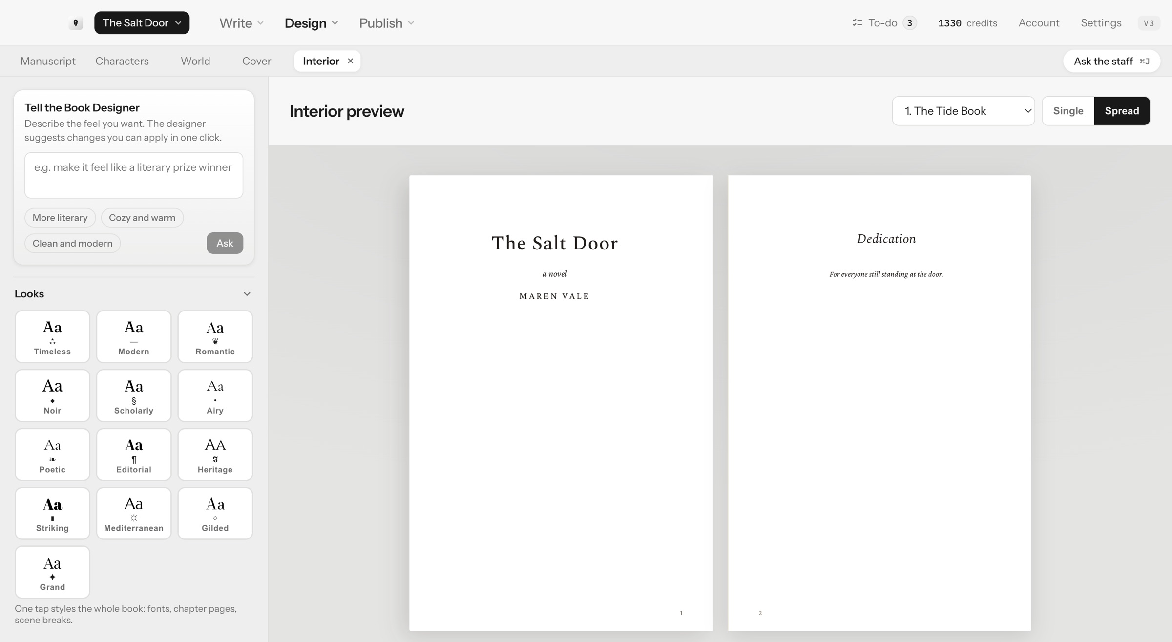 Interior preview in Spread view showing the title page and the dedication page, beside a box to tell the Book Designer the feel you want and a grid of 13 Looks.