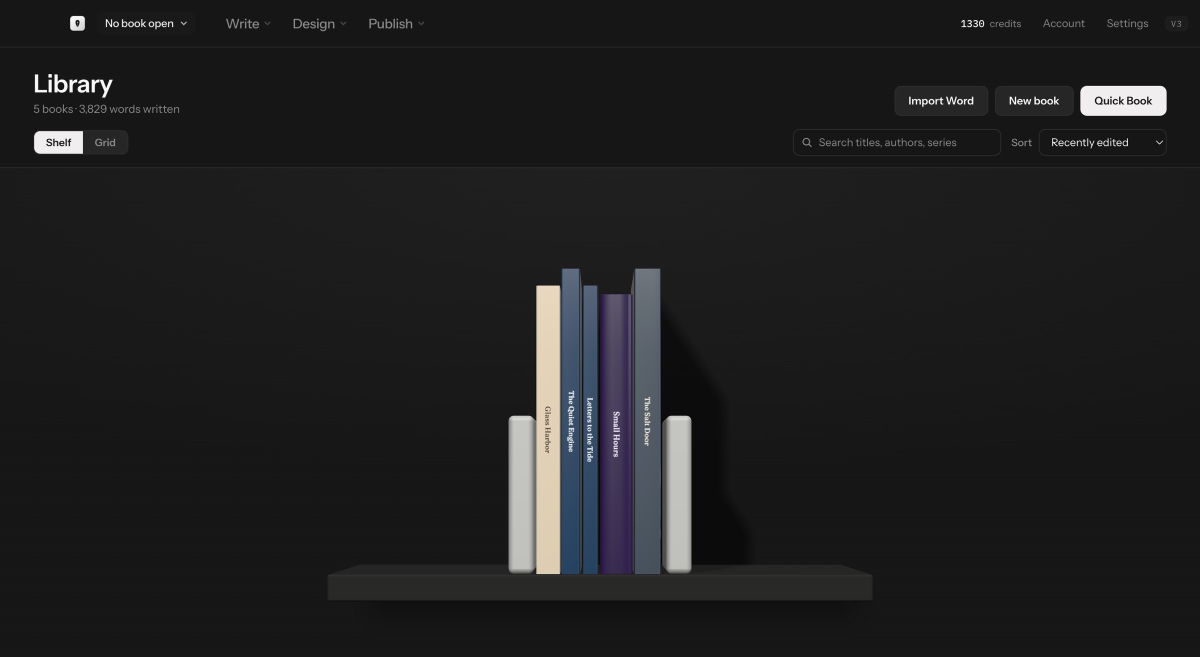 Library in dark mode: five books standing spine out on a 3D shelf between two bookends, with Import Word, New book and Quick Book buttons above.
