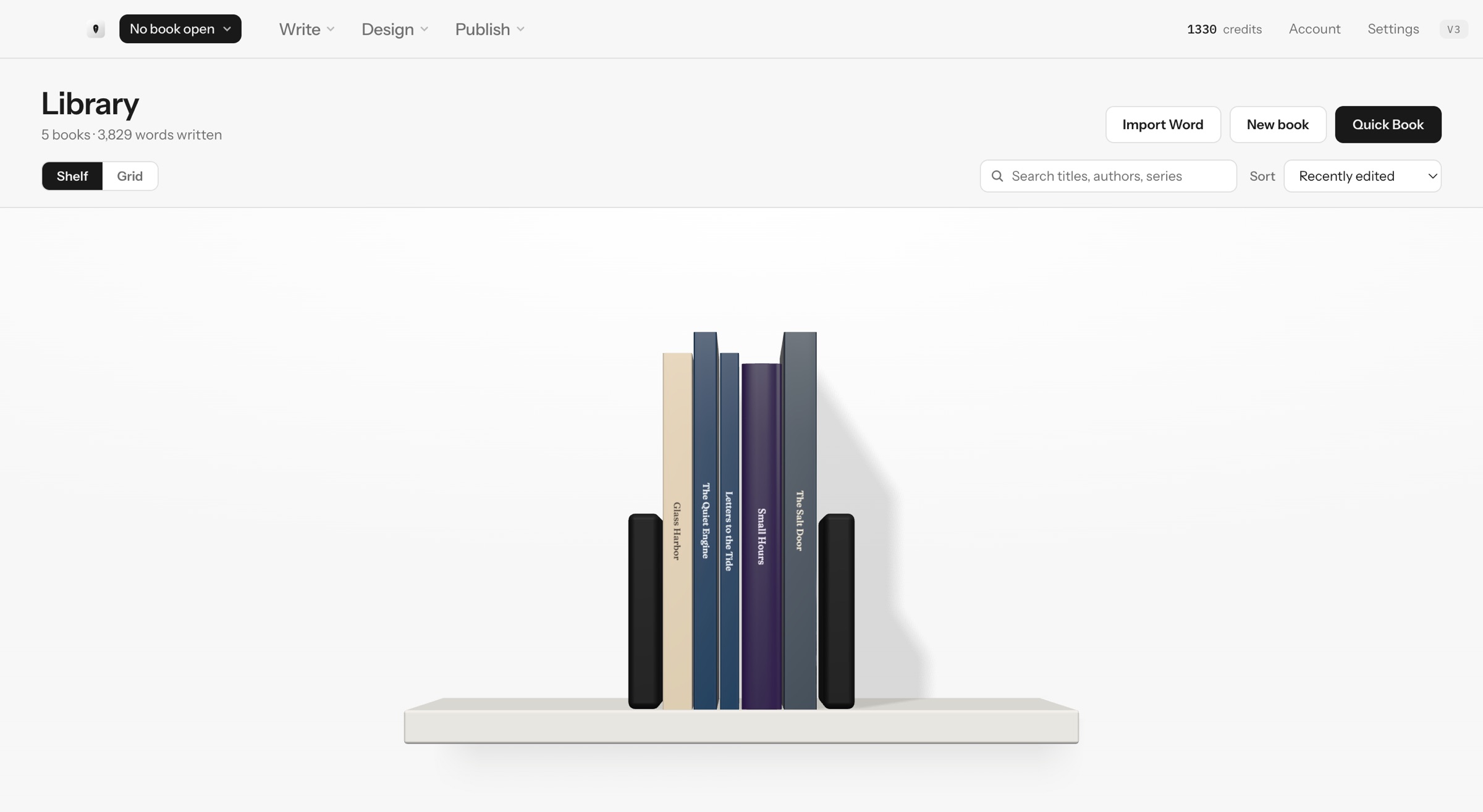 The same Library in light mode: the five books on a white shelf.