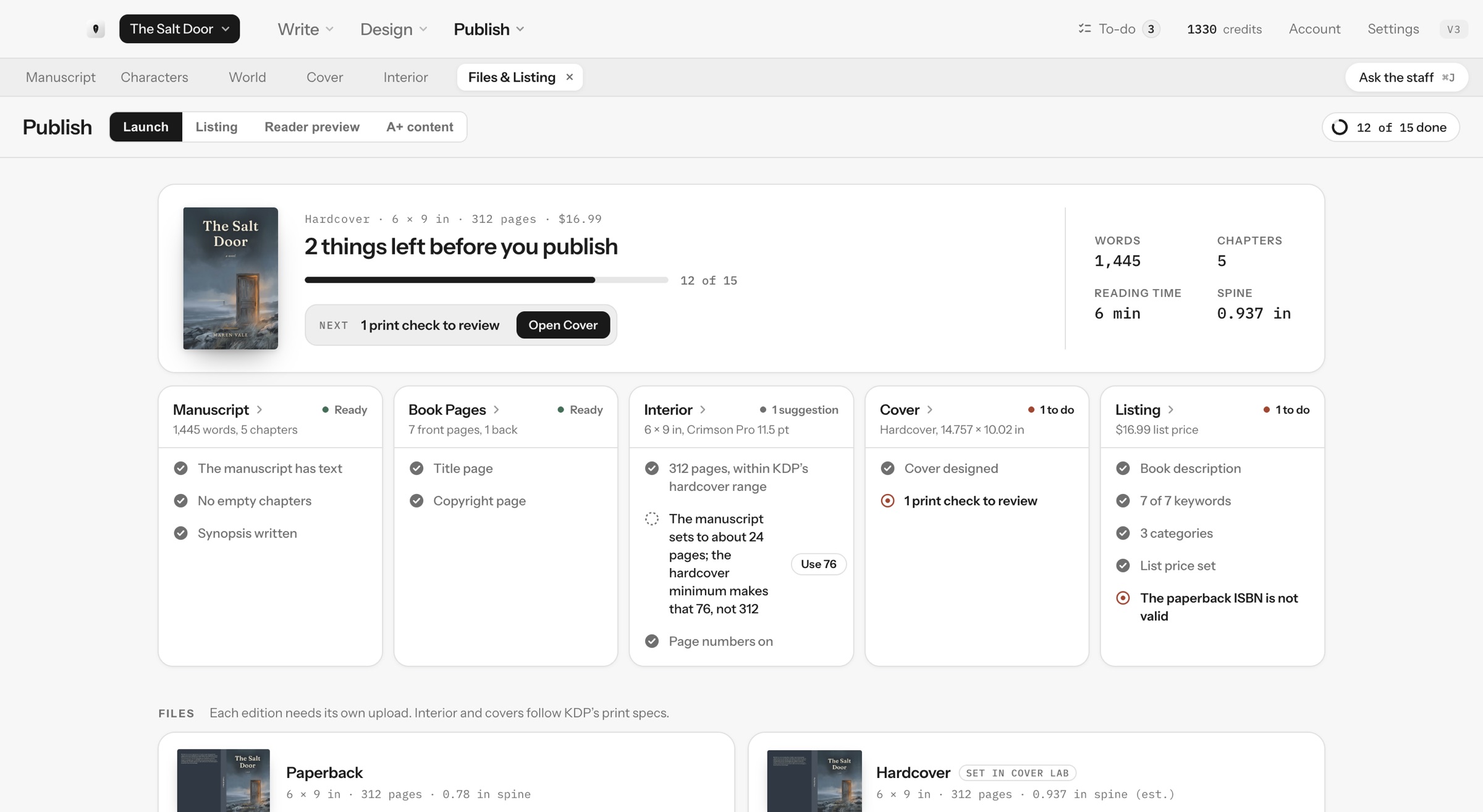 Publish launch screen: 2 things left before you publish, 12 of 15 done, with readiness checks for Manuscript, Book Pages, Interior, Cover and Listing, each linking to the screen that fixes it.