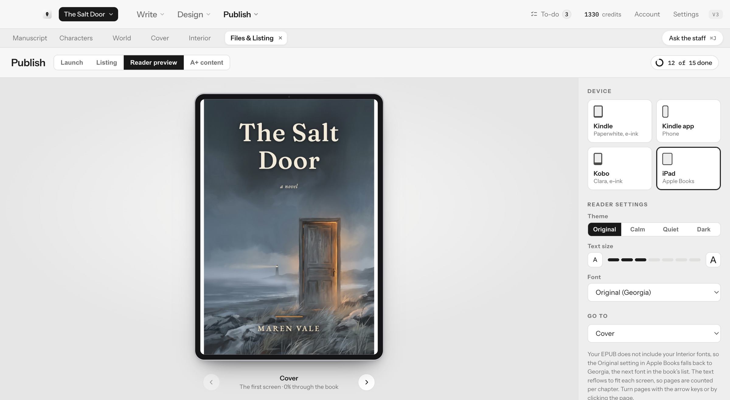 Reader preview showing the book's cover on an iPad in Apple Books, with device choices for Kindle, the Kindle app, Kobo and iPad, and reader settings for theme, text size and font.