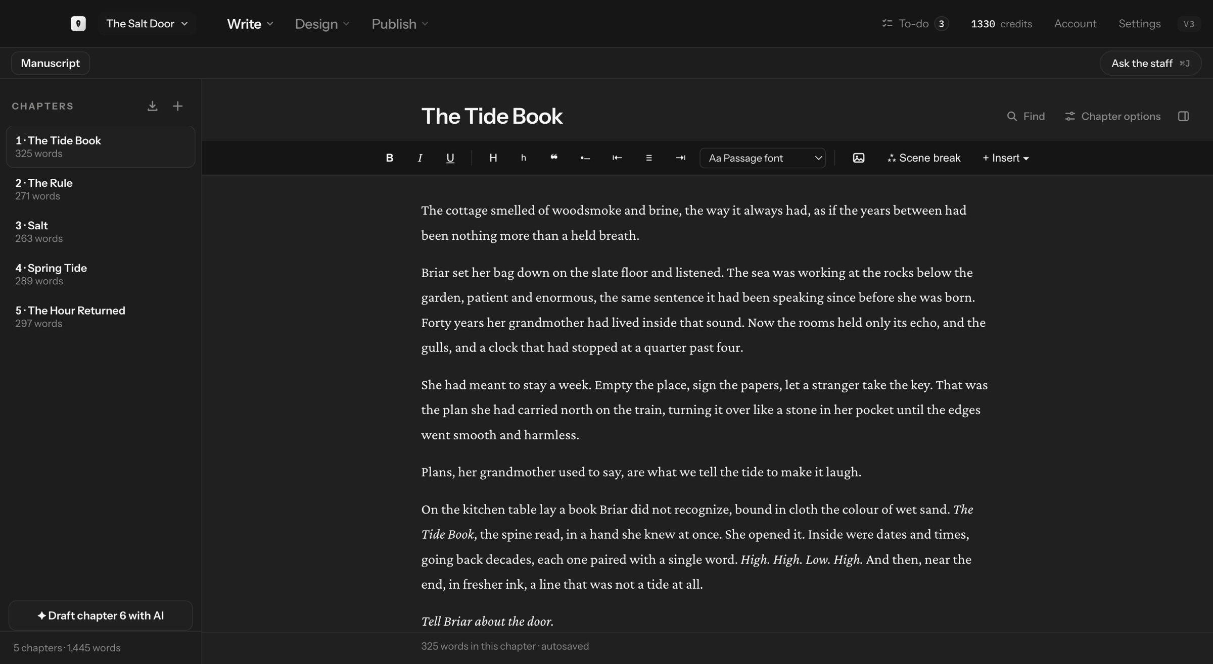 The Write screen in dark mode: a chapter list on the left and the chapter The Tide Book set in a centered serif column.
